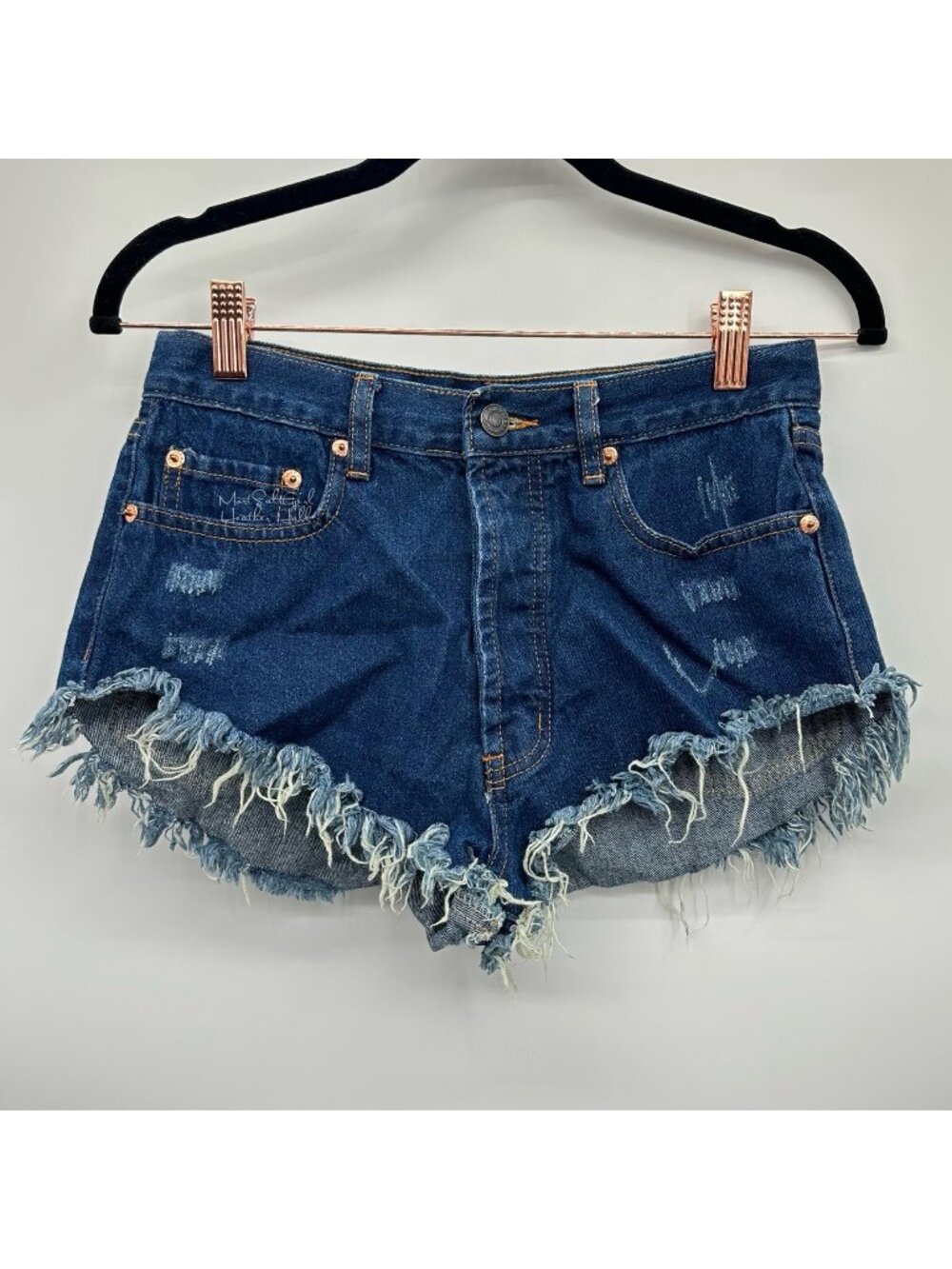 Forever 21 Button Fly Dark Wash Distressed Fringe Booty Shorts Size 27